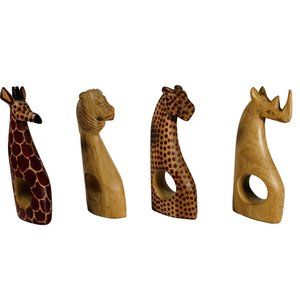 Wooden Carved Safari Animals Napkin Rings 4 Holder Giraffe Tiger Leopard Rhino